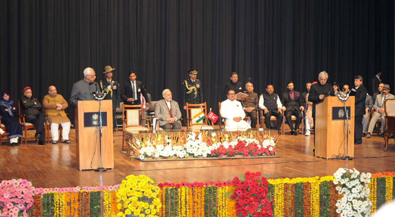 Prime Minister Narendra Modi at the swearing-in ceremony of Mufti Mohammad Sayeed as Jammu and Kashmir Chief Minister at Jammu University in Jammu and Kashmir