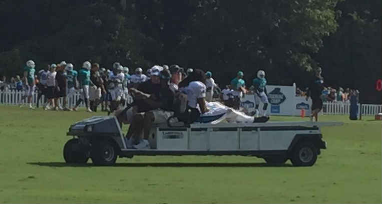 Panthers WR Kelvin Benjamin leaves practice on a cart Wednesday after a leg injury