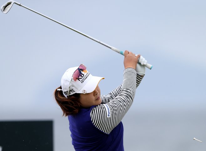 South Korea's Park Inbee watches her shot from the 1st tee during the final round of the Women's British Open in Turnberry Scotland