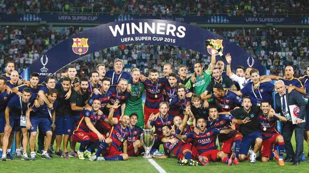 Barcelona players and officials in party mood after winning the UEFA Super Cup in Tbilisi Georgia last night