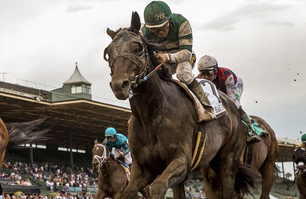 2015 Hard Aces with Victor Espinoza up narrowly defeats Hoppertunity and Martin Garcia to win the Santa Anita Gold Cup at Santa Anita Park in Arcadia CA Alex Evers ESW