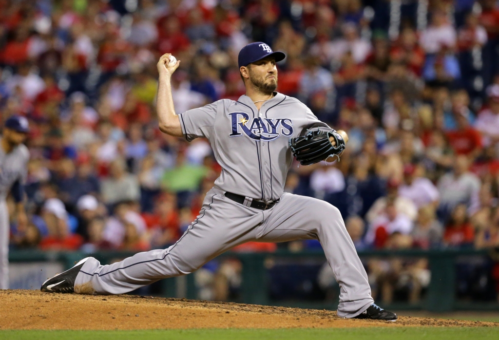 PHILADELPHIA PA- JULY 21 Kevin Jepsen #40 of the Tampa Bay Rays throws a pitch in the eighth inning during a game against the Philadelphia Phillies at Citizens Bank Park