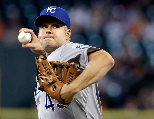 Kansas City Royals Joe Blanton delivers a pitch against the Houston Astros in the first inning of a baseball game Monday