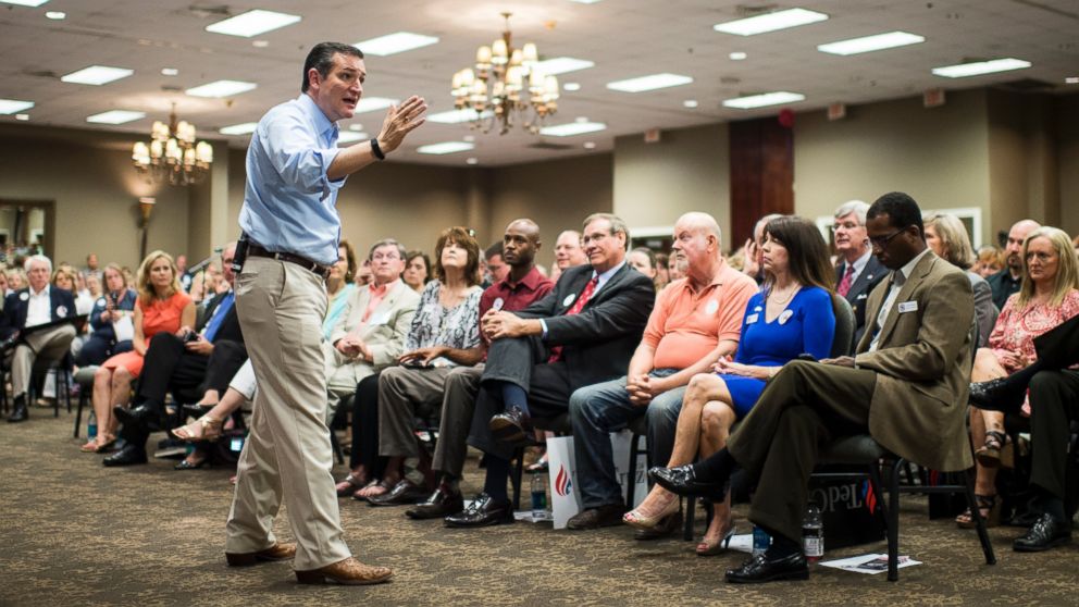 Ted Cruz R-TX speaks to supporters during the Cruz campaign bus tour rally in Pelham Ala. Aug. 9 2015