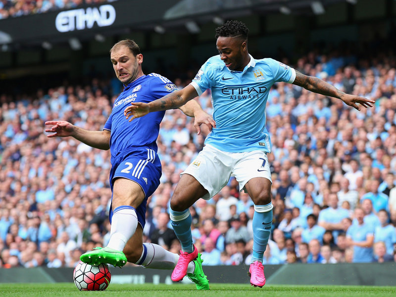 Raheem Sterling takes on Branislav Ivanovic