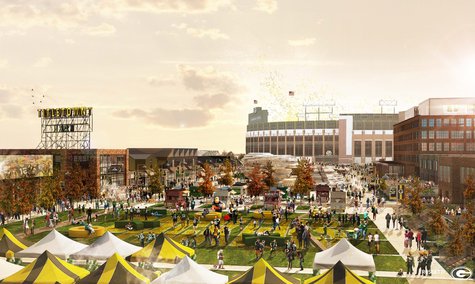 Rendering of the Titletown District in summer looking east toward Lambeau Field