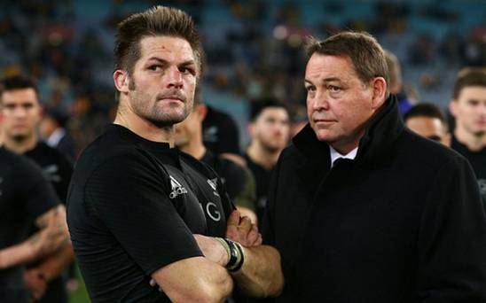 Richie Mc Caw and head coach Steve Hansen watch Australia's celebrations last week