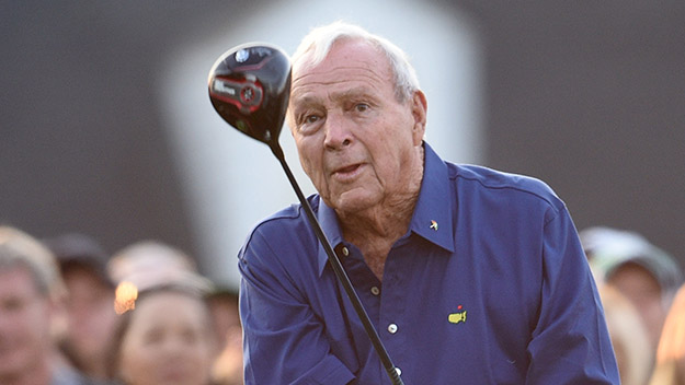 Honorary starter Arnold Palmer hits the first shot during the first round of the 2015 Masters at Augusta National Golf Club