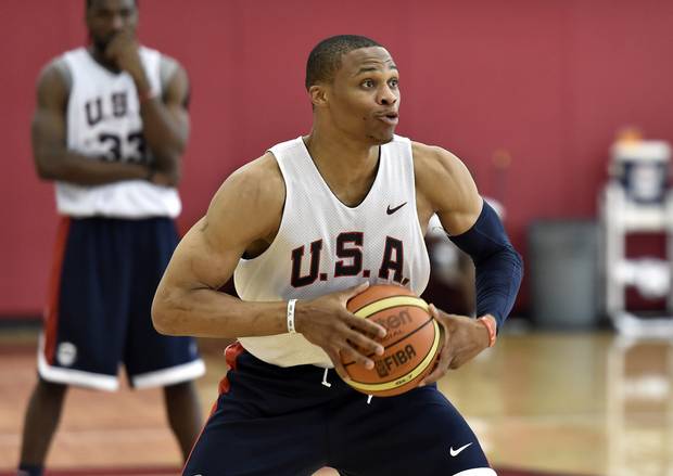 Russell Westbrook looks to pass the ball during the U.S. men's basketball team's minicamp Tuesday Aug. 11 2015 in Las Vegas