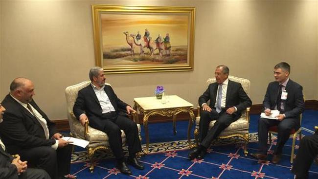 Russian Foreign Minister Sergey Lavrov meets with Khaled Mashaal, the political bureau chief of the Palestinian resistance movement Hamas in the Qatari capital Doha