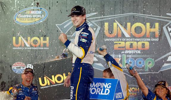 Ryan Blaney celebrates after winning the Camping World Truck Series UNOH 200 at Bristol Motor Speedway Wednesday