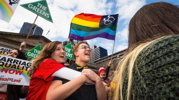 Sadie and Alanna embrace at a Marriage Equality rally at the State Library of Victoria