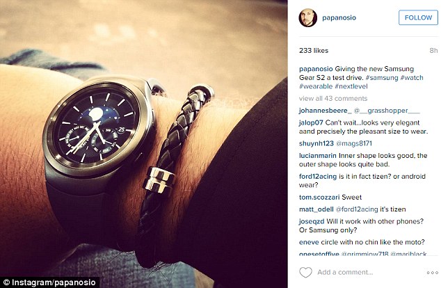 Dennis Miloseski the studio head of Samsung Design America posted the image to his personal account saying he was'Giving the new Samsung Gear S2 a test drive