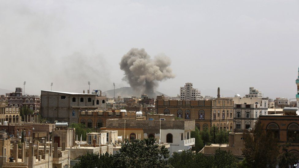 Smoke rises after an airstrike by the Saudi-led coalition in Sanaa Yemen on 14 July 2015