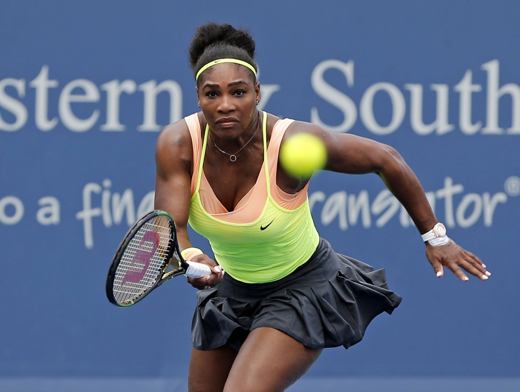 Serena Williams charges the net to return a shot against Tsventana Pironkova on day five during the Western and Southern Open tennis tournament at Linder Family Tennis Center. Serena is warming up for the US Open at the end of this month. – Reuters pic