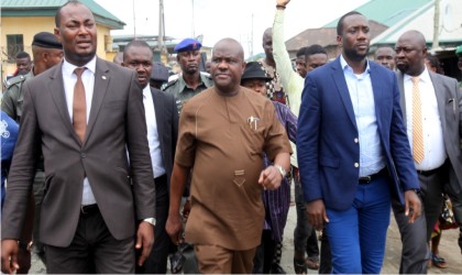 Rivers State Governor Chief Nyesom Wike,with Chairman Caretaker Committee of Akuku Toru Local Government Area Hon. Odimabo  and other prominent sons of the area during the inspection tour of Abonnema Obonoma Bridge project by the Gover