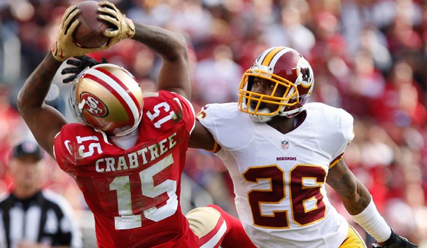 Nov 23 2014 Santa Clara CA USA San Francisco 49ers wide receiver Michael Crabtree catches the ball against Washington Redskins cornerback Bashaud Breeland during the second quarter at Levi's Stadium. Mandatory Credit Kelley L Cox-USA TODAY