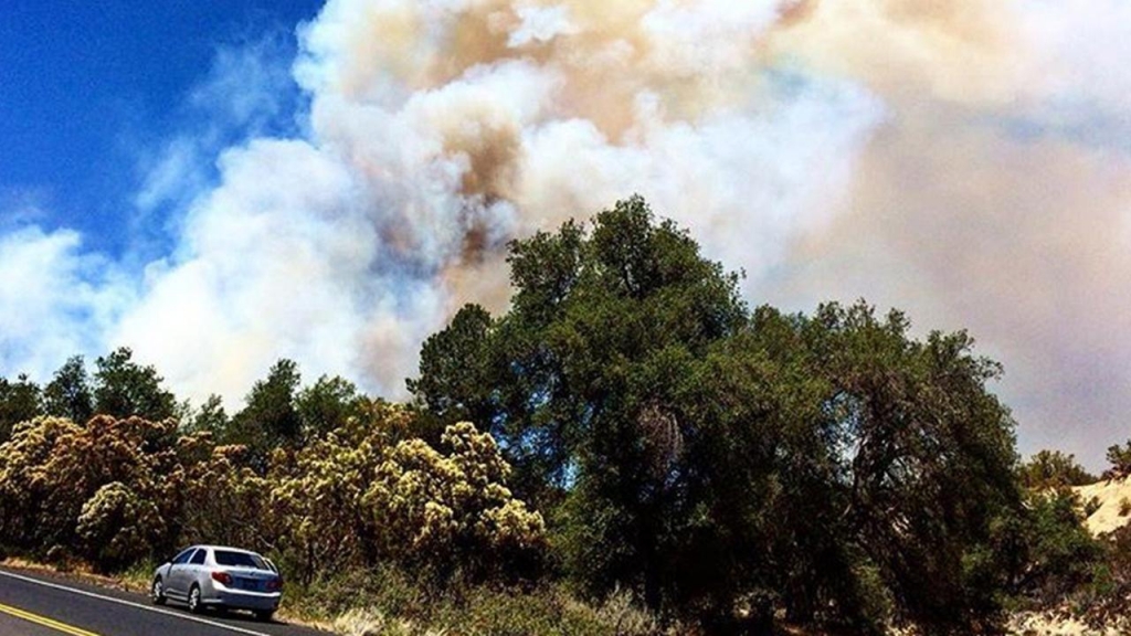 Smoke rises from a motor fire that spread to nearby vegetation in Anza on Monday Aug. 10 2015