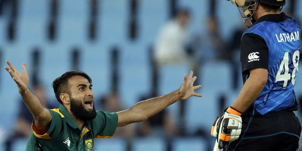 South Africa's bowler Imran Tahir unsuccessfully appeals for LBW