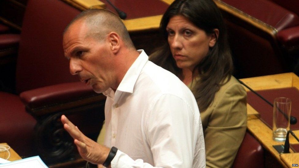 Former Greek Finance Minister Yanis Varoufakis and speaker Zoe Konstantopoulou