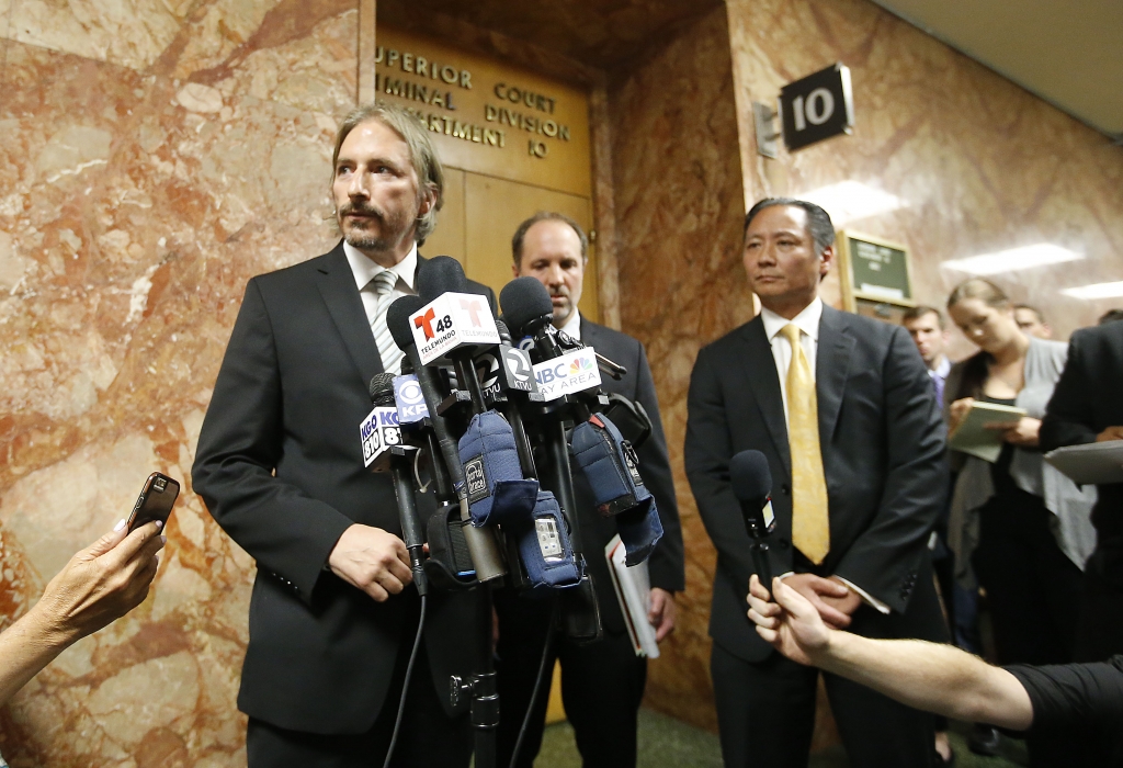 San Francisco Public Defenders Matt Gonzalez left Francisco Ugarte center and Jeff Adachi right talks to members of the media after Francisco Sanchez&#039 arraignment Tuesday