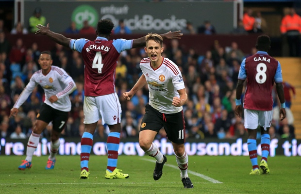 Manchester United's Adnan Januzaj celebrates scoring at Villa Park