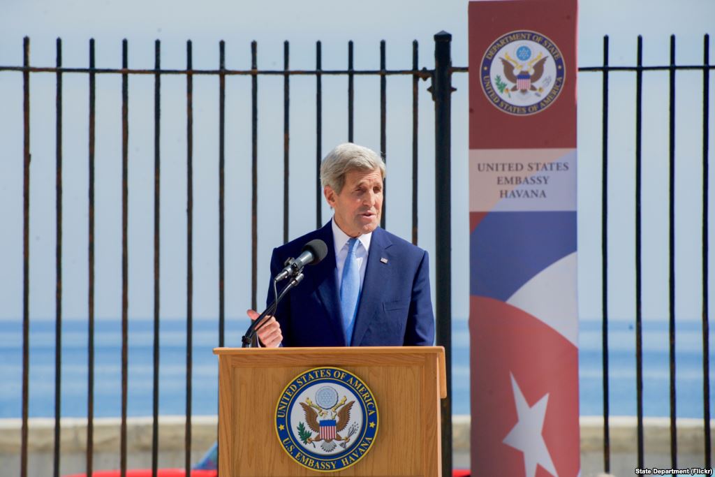 U.S. Secretary of State John Kerry delivers remarks at the flag-raising ceremony at the newly re-opened U.S. Embassy in Havana Cuba