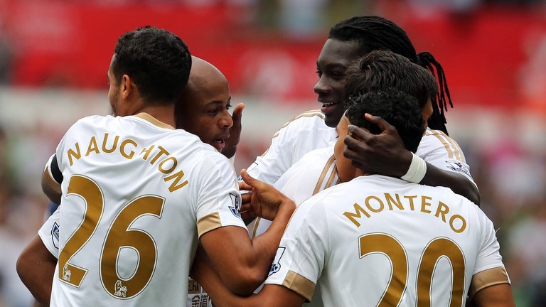 Swansea City's Andre Ayew celebrates with teammates after scoring against Newcastle