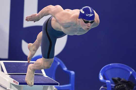 Great Britain’s Adam Peaty dives for a preliminary heat of the men’s 50m breaststroke swimming event at the 2015 FINA World Championships in Kazan on Tuesday. AFP