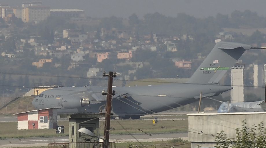 A United States Air Force cargo plane maneuvers on the runway after it landed at the Incirlik Air Base in Adana southern Turkey Sunday Aug. 9 2015. The U.S. European Command said in a statement Sunday that the U.S. Air Force deployed a “small detac