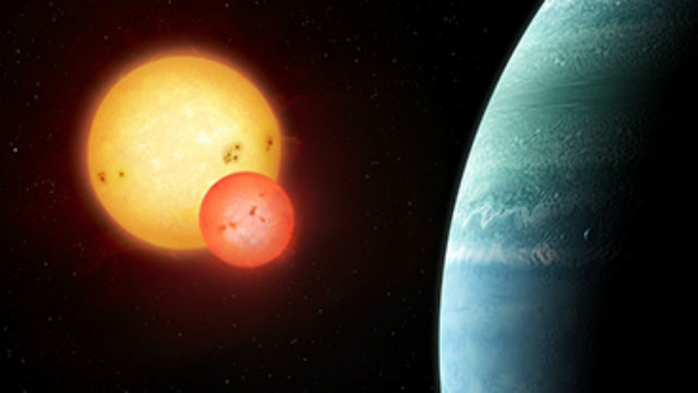 Artist’s impression of the Kepler-453 system showing the newly discovered planet on the right and the eclipsing binary stars on the left. Illustration