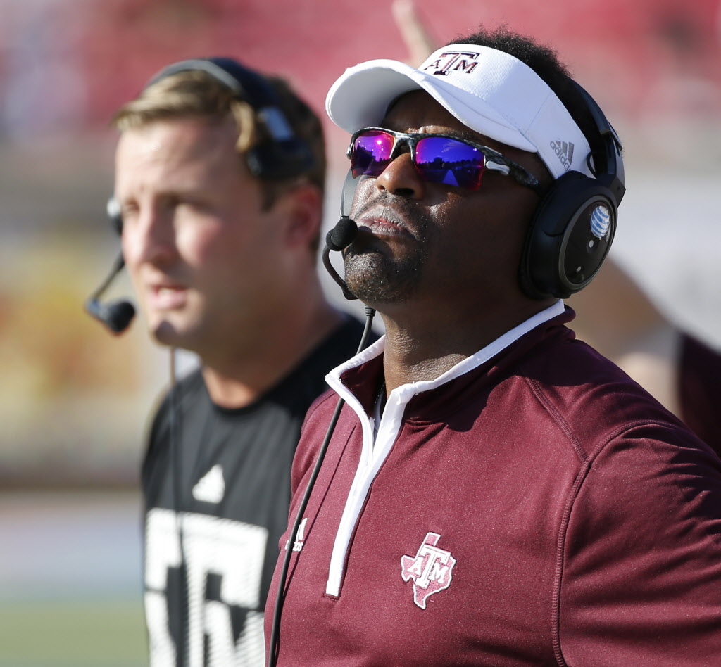 Texas A&M head coach Kevin Sumlin in the fourth quarter during a college football game between Texas A&M and SMU at Gerald J. Ford Stadium in Dallas Saturday 20 2014. Texas A&M beat SMU 58-6