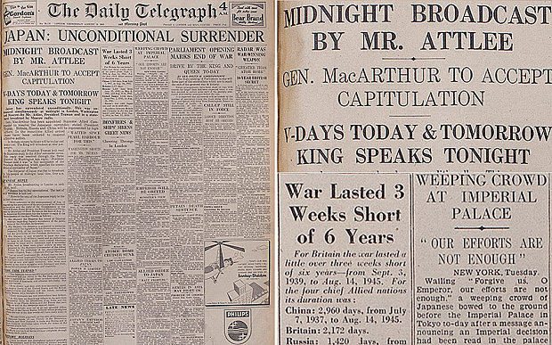 The Daily Telegraph's front page and selected headlines from VJ Day 1945