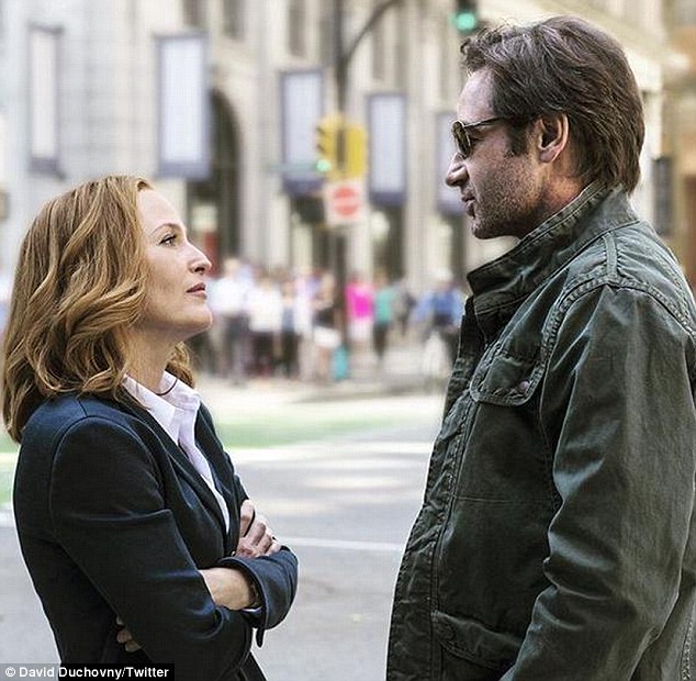 Thursday showing himself and Gillian Anderson in a scene from the upcoming revival of The X Files on Fox