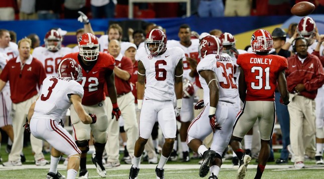 ATLANTA GA- DECEMBER 01 Defensive back Ha'Sean Clinton Dix #6 of the Alabama Crimson Tide celebrates after intercepting a Georgia Bulldogs pass during the second quarter of the SEC Championship Game at the Georgia Dome