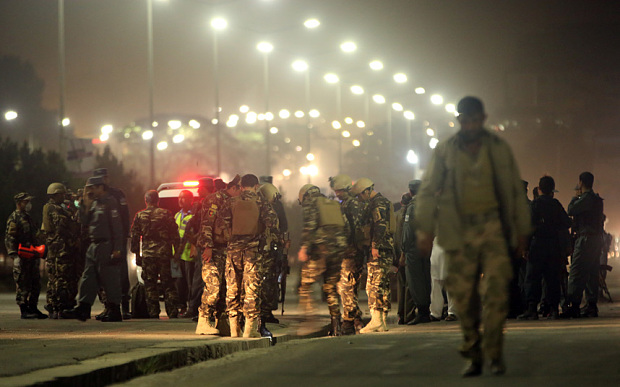 The scene of a suicide attack on the police academy in Kabul