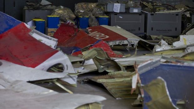 The wreckage of flight MH17 in a hangar at Gilze Rijen airbase Netherlands