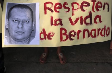 A member of the Ecclesiastical Communities of Nicaragua protests in Managua Nicaragua against the upcoming execution of Bernardo Tercero in the U.S