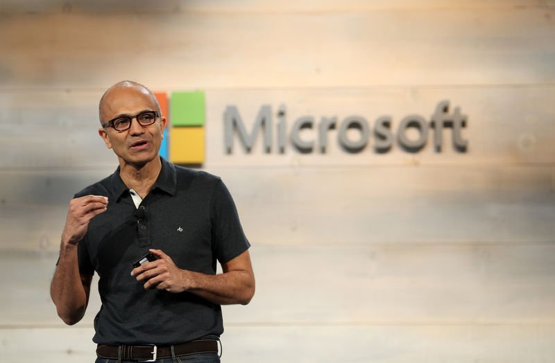 Microsoft CEO Satya Nadella speaks during a Microsoft cloud briefing event in San Francisco California