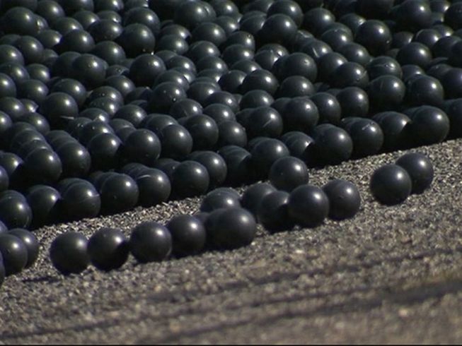 Thousands of black plastic balls were released into the Los Angeles Reservoir to help with evaporation