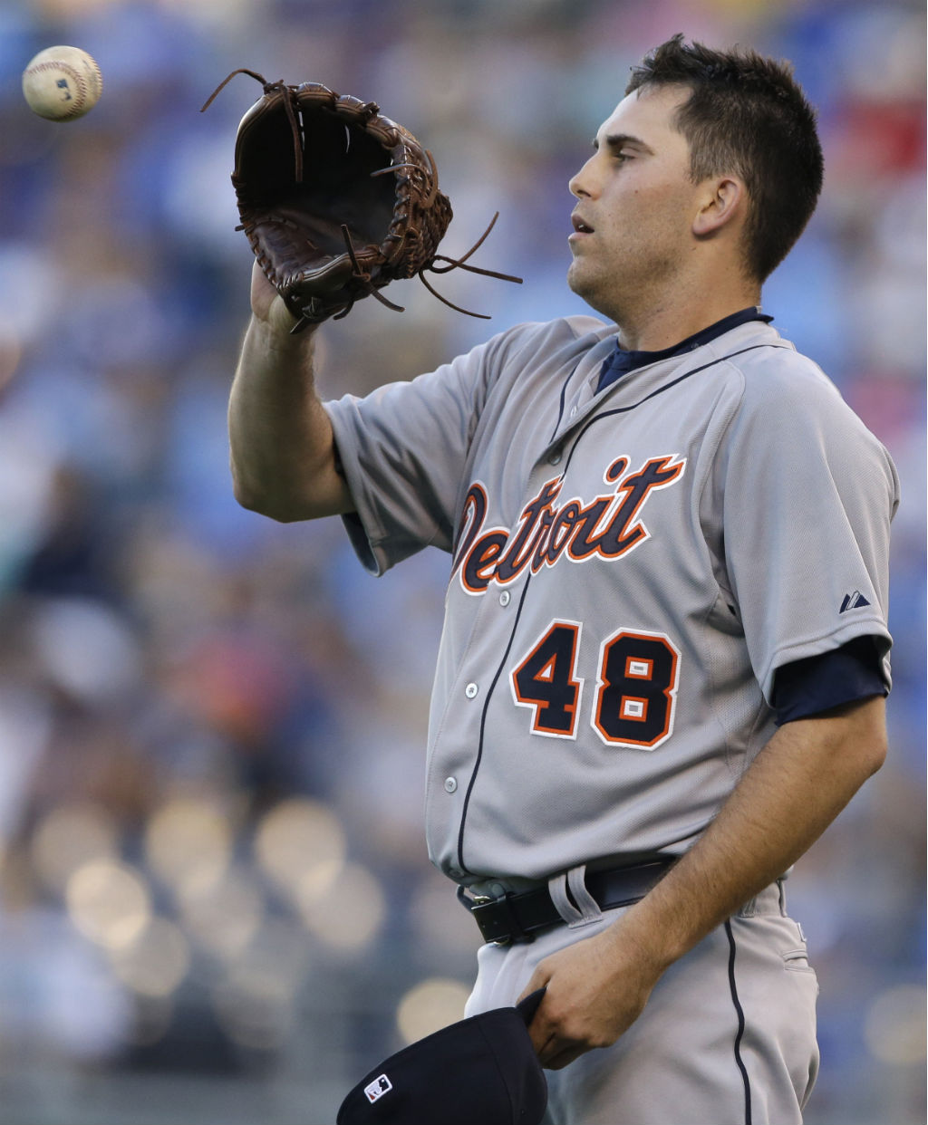 Detroit Tigers starting pitcher Matt Boyd catches the ball from a teammate before facing a Kansas City Royals batter during the first inning of a baseball game at Kauffman Stadium in Kansas City Mo. Monday Aug. 10 2015. Boyd gave up three runs in the