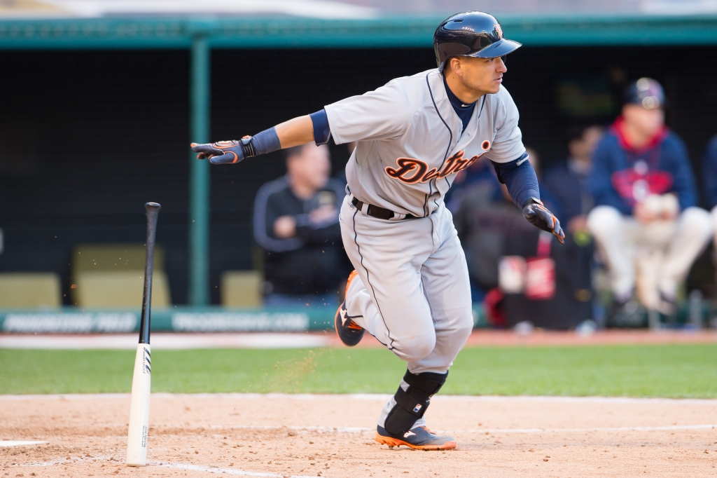 CLEVELAND OH- APRIL 10 Jose Iglesias #1 of the Detroit Tigers hits an RBI single during the seventh inning against the Cleveland Indians during the home opener at Progressive Field