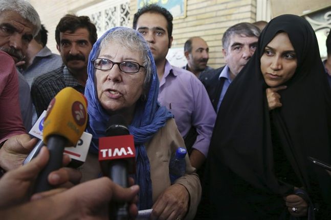 Mary Rezaian mother of detained Washington Post correspondent Jason Rezaian speaks with media as she leaves a Revolutionary Court building in Tehran Iran Monday Aug. 10 2015. The final hearing of Rezaian detained in Iran more than a year ago and cha