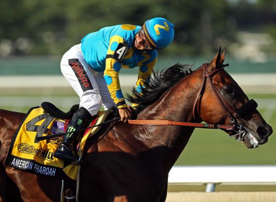 Victor Espinoza rides atop American Pharoah #4 reacts