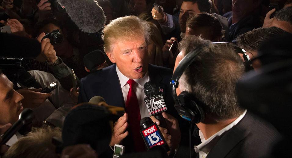 Republican presidential candidate Donald Trump speaks to the media in the spin room after the first Republican presidential debate at the Quicken Loans Arena