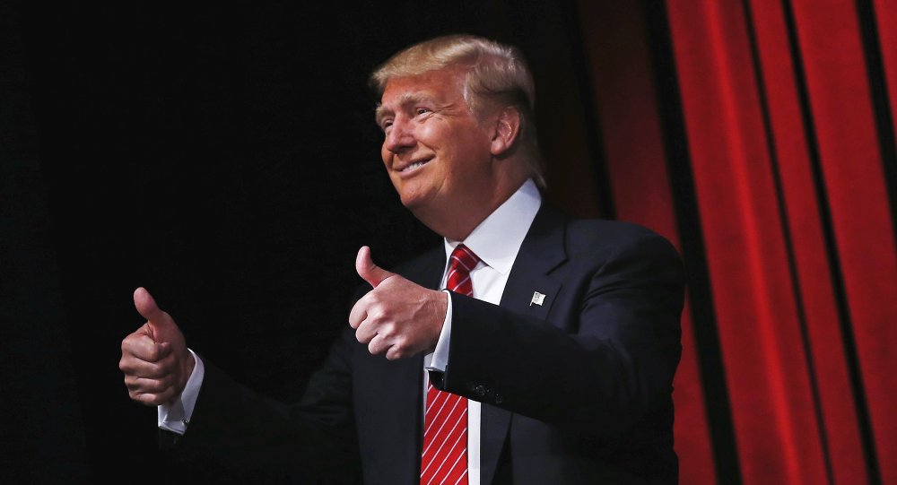 US Republican presidential candidate Donald Trump arrives to speak at the Family Leadership Summit in Ames Iowa United States