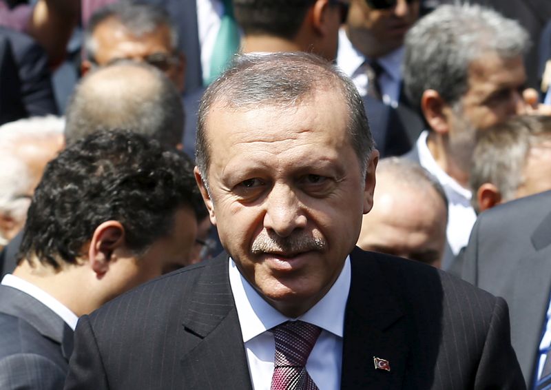 Turkey's President Tayyip Erdogan looks on durin his visit to Northern Cyprus