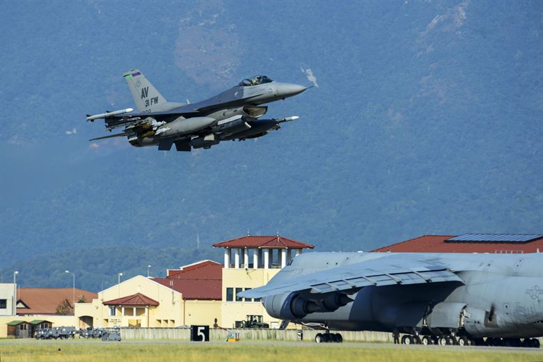 An F-16 Fighting Falcon takes off from Aviano Air Base Italy Aug. 9 2015 to Incirlik Air Base in Turkey to support Operation Inherent Resolve. This deployment coincides with Turkey's decision to host U.S. aircraft to conduct operations to counter