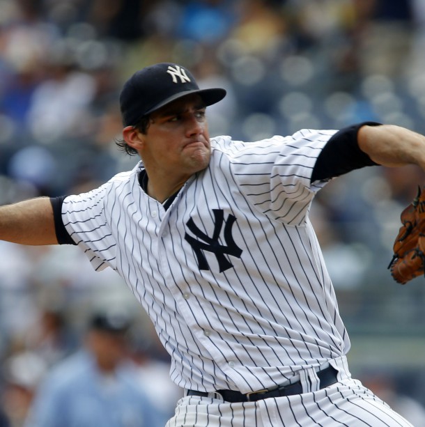 Aug 19 2015 Bronx NY USA New York Yankees starting pitcher Nathan Eovaldi delivers a pitch against the Minnesota Twins in the first inning at Yankee Stadium. Mandatory Credit Noah K. Murray-USA TODAY Sports