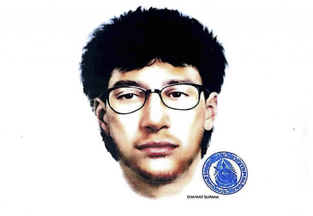 An image released by the Royal Thai Police shows a sketch of the main suspect in Monday's deadly blast in Bangkok. The sketch shows a fair-skinned man with thick medium-length black hair a wispy beard and black glasses. – Reuters pic